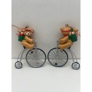 Teddy Bear on Penny Farthing Bicycle Christmas Ornaments Set of‎ 2